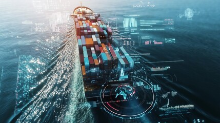 Cargo ship transporting goods around the world using gps tracking software