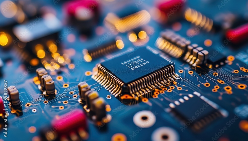 Poster close-up view of a circuit board with microchips and components in vibrant colors