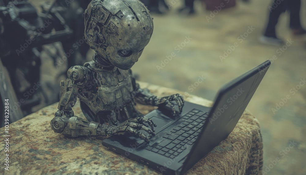 Poster a small robot typing on a laptop while seated at a table indoors