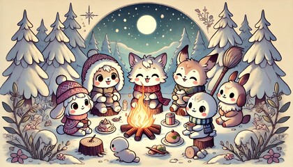 Cozy Winter Campfire Scene with Adorable Fantasy Characters Under a Small Moonlit Night Sky, Radiating Warmth and Charm