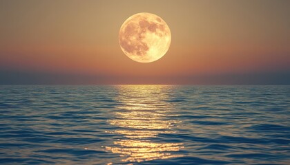 A tranquil sunset over the ocean with a bright, full moon reflecting on the water