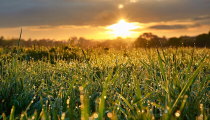 Early Morning Scene with Soft Light and Dew on Grass