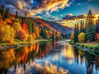 Naklejka premium Autumn River Landscape at Sunset with Colorful Forest and Spruce Trees Reflected in Calm Water