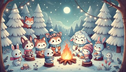 Enchanting Winter Campfire Gathering of Adorable Animal Characters Enjoying a Cozy Meal Under a Small Moonlit Sky in a Fantasy Forest
