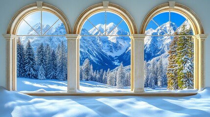 Scenic view from a window in a snowy lodge overlooking the mountain landscape
