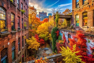 Fototapeta premium Autumn Triumph: Urban Exploration through Vibrant Fall Colors and Decaying Architecture