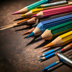Fototapeta premium Sets of pastels, charcoal pencils, and sketching tools invite artistic expression