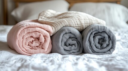 Three different colored blankets are stacked on top of each other on a bed