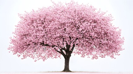 Obraz premium Beautiful cherry tree in full bloom, delicate pink and white flowers covering its branches, set against a pristine white background, radiating spring serenity