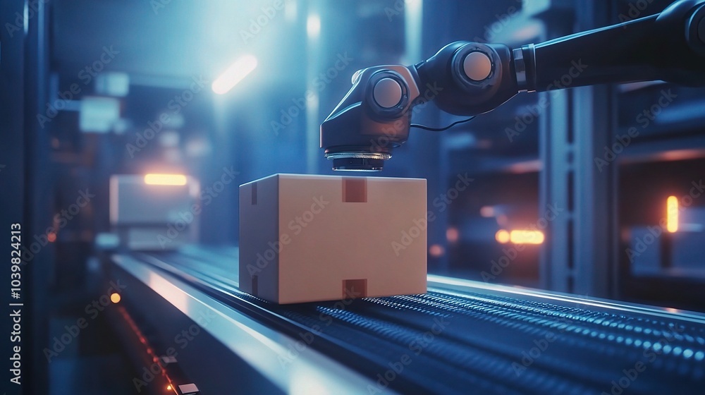 Poster robotic arm handling package on assembly line