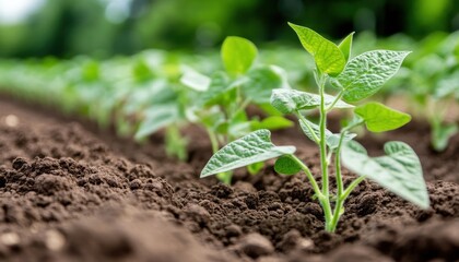 Young bean plants growing in rich soil on a sunny day in a garden