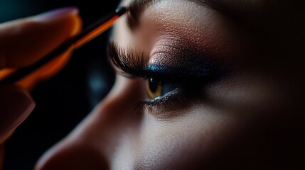 Close-up of a woman's eye with false eyelashes being applied.