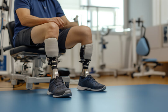 A person with two leg prosthetics sits in a hospital room, focusing on recovery and adaptation, highlighting the strength and resilience of individuals with limb loss