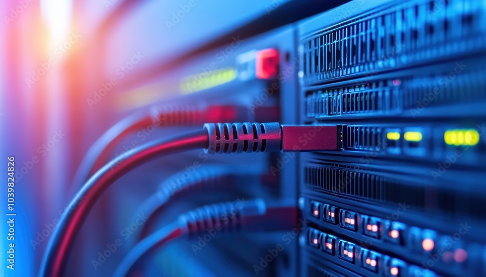 Aufkleber network cables connected to a server in a data center during the evening hours