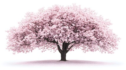 Obraz premium A magnificent cherry tree in full bloom, its branches adorned with tender flowers, standing against a white background to highlight the delicate spring blossom