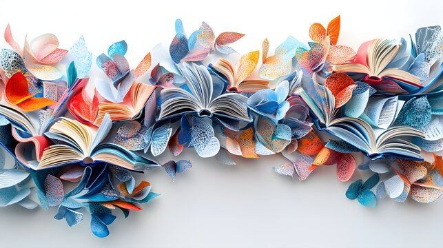Beautiful, vibrant hardcover books with intricate details, flying freely against a white background, creating a surreal, artistic composition