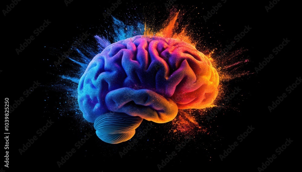 Poster vividly illuminated brain with colorful explosion effect against a dark background
