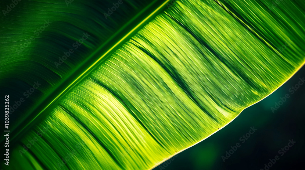 Poster close-up view of a vibrant green banana leaf showcasing its intricate texture and patterns