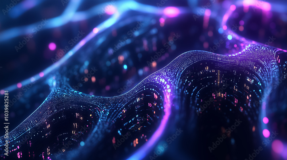 Poster colorful data streams intertwine through a virtual landscape, creating a mesmerizing abstract compos
