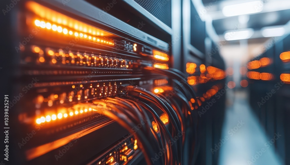 Aufkleber data center with illuminated server racks and cables during nighttime operations
