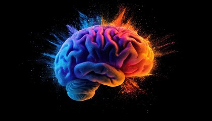 Fototapeta premium Vividly illuminated brain with colorful explosion effect against a dark background