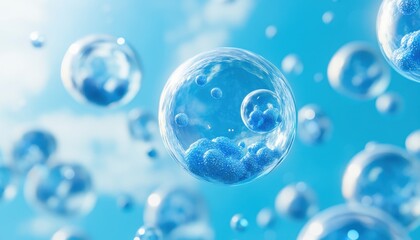 Blue bubbles floating in a bright sky during a sunny day
