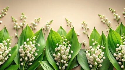 Obraz premium Horizontal Border Design Featuring Delicate Lily of the Valley Flowers and Lush Green Leaves for Elegant Floral Decor and Nature-Inspired Artwork