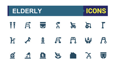 Set of solid elderly Minimal icons. Containing Elderly Care, medical aid, nursing home, hospital services, physical therapy, doctor visit, patient support filled icons collection.