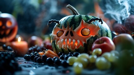 A carved watermelon with glowing eyes and teeth, surrounded by fruit, candles, and smoke, for a spooky Halloween celebration.