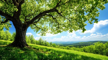 Fototapeta premium Majestic Oak Tree Overlooking Lush Green Hills and Blue Sky