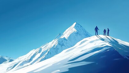Hikers on a snow-covered peak during a bright winter day in the mountains