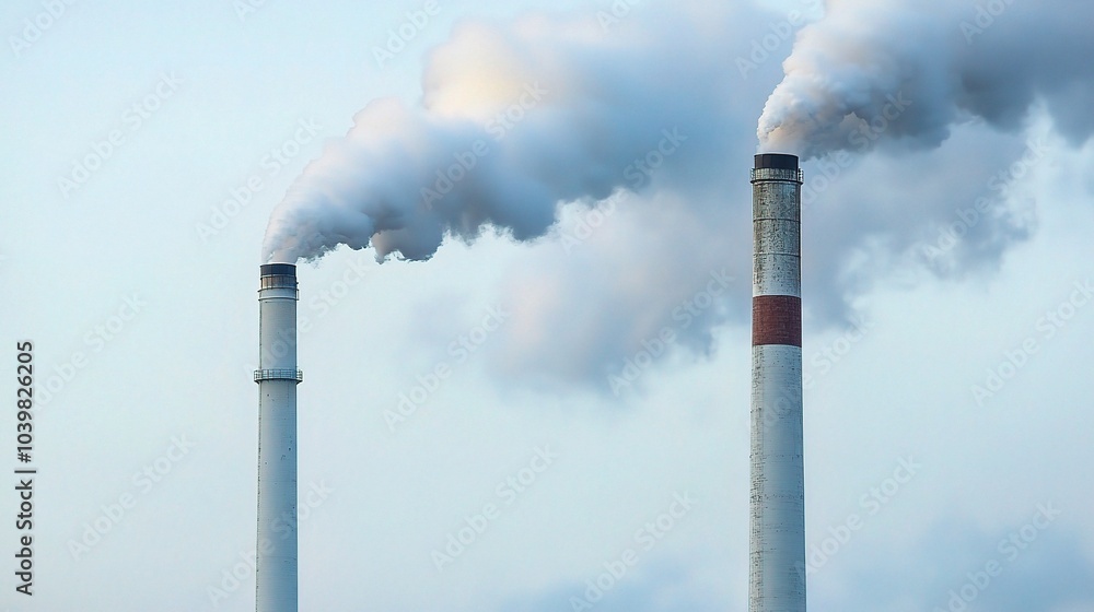 Poster Industrial Smokestacks Emitting White Smoke