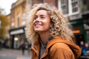 Portrait of a beautiful young woman with curly hair smiling in the city