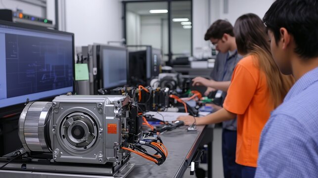 Engineers testing electric motor prototypes in a lab, focusing on battery research.