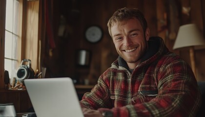 Young man smiling while working on a laptop in a cozy cabin during winter