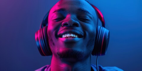 Relaxed man enjoying music with headphones in a studio, featuring a radio and audio app against a blue background, embodying tech and streaming joy