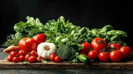 An assortment of fresh vegetables, including tomatoes and greens, beautifully arranged on a rustic wooden board, embodying organic wholesomeness and culinary delight.