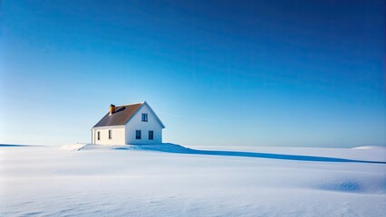 Minimalist White House in Snowy Landscape - Serene Winter Scene, Expansive Snowfield, Clear Sky, Tranquil Isolation, Simple Architecture, Winter Beauty, Peaceful Atmosphere, Nature's Elegance