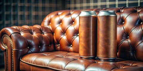 Obraz premium Mockup of Customizable 16 Oz Beer Cans on Leather Seat with Bokeh Effect for Stylish Beverage Branding, Product Display, and Advertising Inspiration