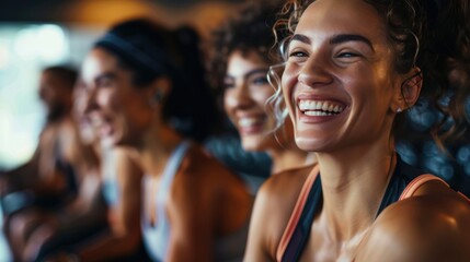 Confident individuals engaging in a fun group workout session at a fitness center, promoting wellness and camaraderie among friends in an exercise class