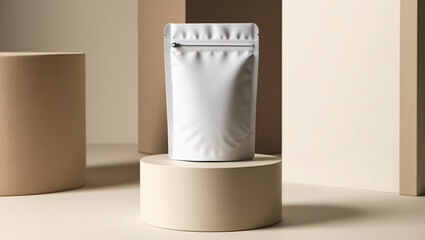 white pouch food mockup, on wooden table, Mock up standing pouch white foil, on a cream wooden table with a clean white background