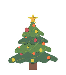 Hand drawn vector Christmas tree decorated with lights, garlands and colorful toys with yellow star on top isolated on white background. Hand drawn vector flat colored illustration