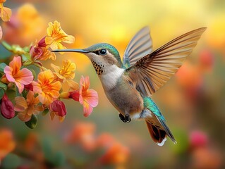 Naklejka premium hummingbird captured in mid-flight, surrounded by a vibrant array of flowers, showcasing its iridescent feathers and swift movement, symbolizing energy, beauty, and the delicate balance of nature