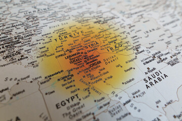 highlighted red conflict zone in the middle east area on geopolitical map. Israel, Gaza, Lebanon,...
