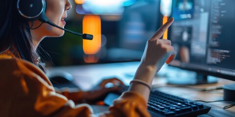 Telemarketing assistance and computer consulting with a woman using a microphone for customer support in a call center, focusing on online services and CRM