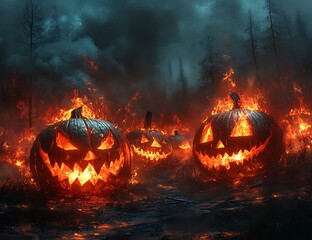 Fototapeta premium a group of carved pumpkins on fire