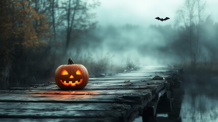 A single jack-o'-lantern resting on an old wooden bridge above a foggy river. 