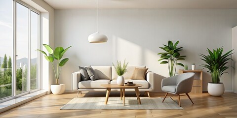 Fototapeta premium Modern Minimalist Interior Design with Potted Plant, Bright Natural Light, Open Space, Clean Lines, Contemporary Furniture, Neutral Color Palette, Home