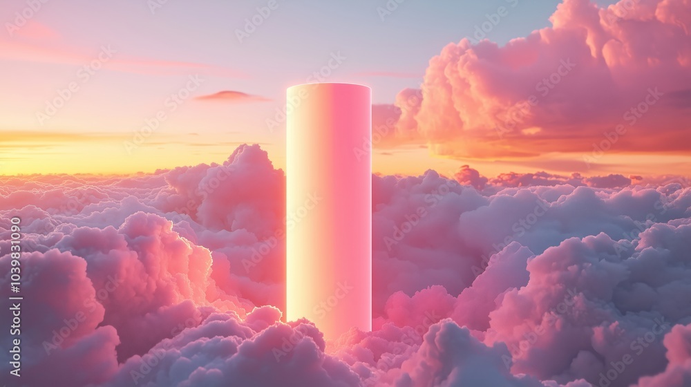 Poster dreamlike floating cylindrical object in clouds