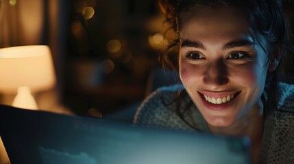 Female worker efficiently planning online strategies with a laptop at night in a dim office, focusing on productivity and meeting deadlines